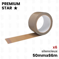 6 rouleaux de scotch adhésifs Marron  silencieux premium star 50x66 (havane)