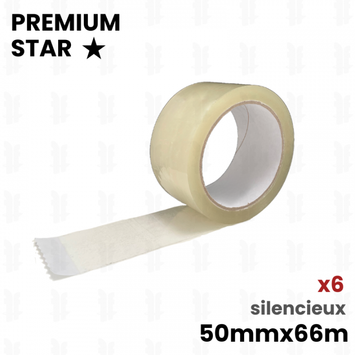 6 rouleaux de scotch adhésifs transparent silencieux premium star 50x66