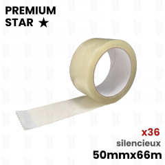 36 rouleaux de scotch adhésifs transparent silencieux premium star 50x66