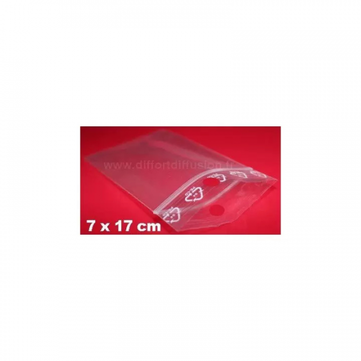 1000 sachets plastiques Zip 70x170 mm avec trou de suspension