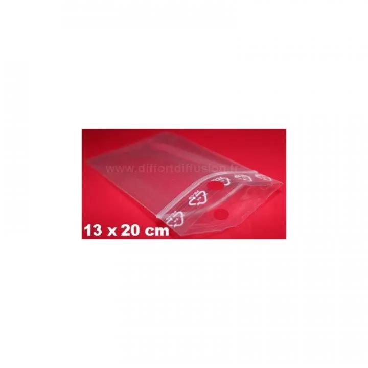 1000 sachets plastiques Zip 130x200 mm avec trou de suspension