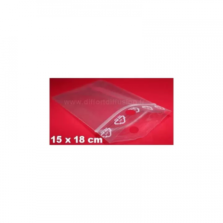 1000 sachets plastiques Zip 150x180 mm avec trou de suspension